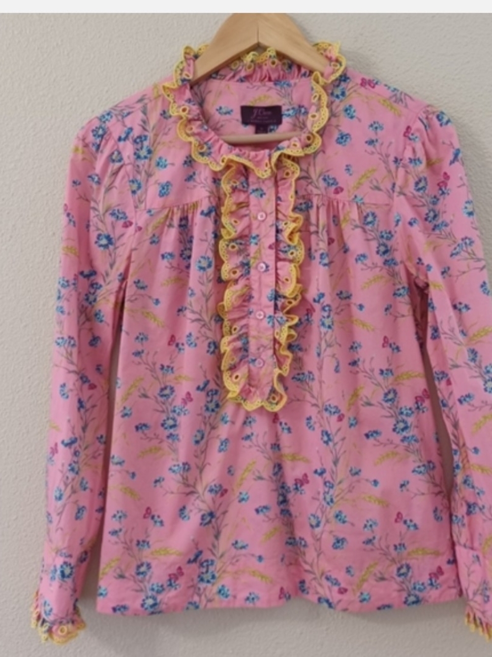 J. Crew Pink Floral Ruffle Button-Front Top with Yellow Eyelet Trim - Picture 3 of 7